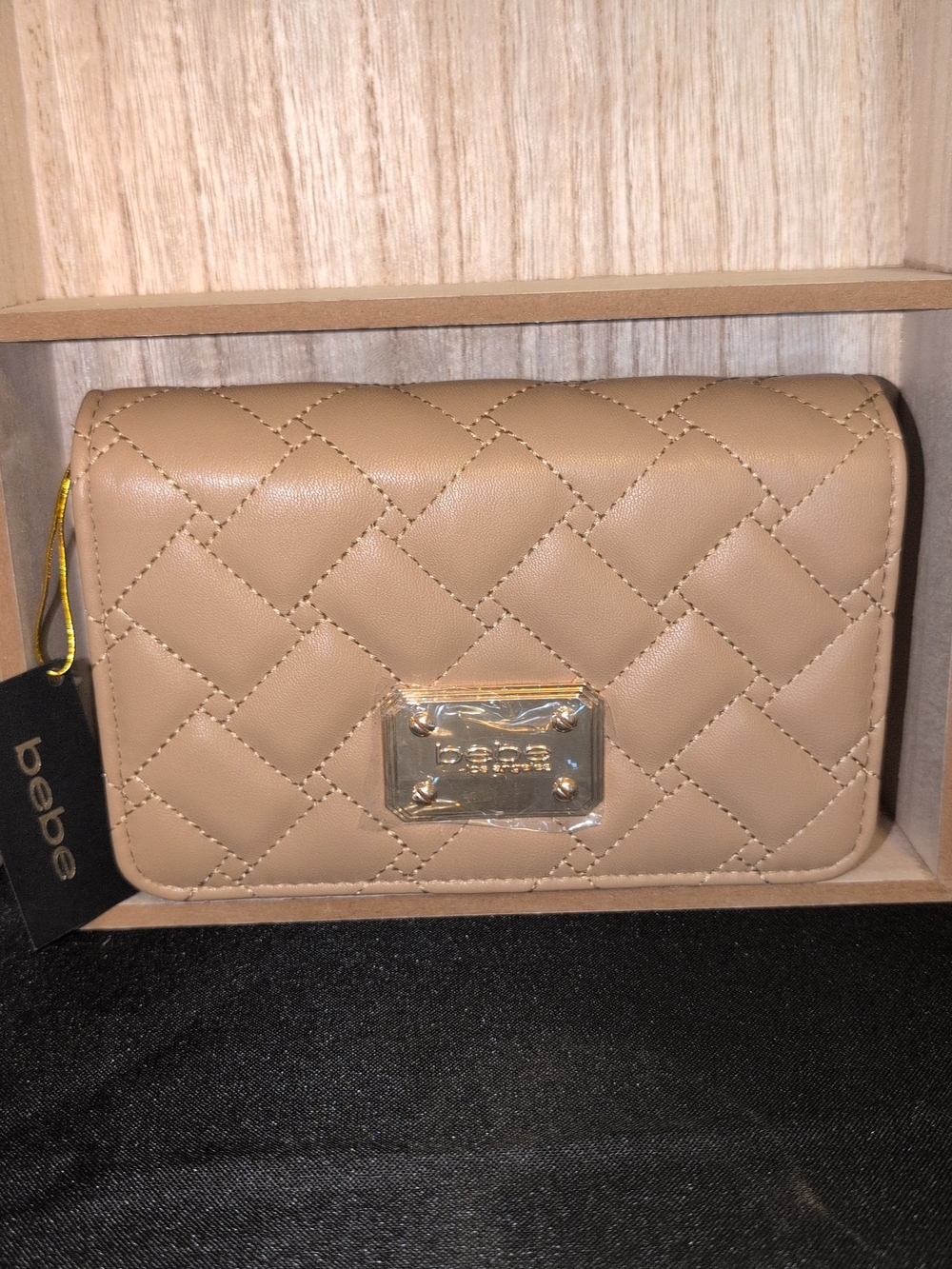 bebe Quilted Beige Crossbody Bag with Gold Plaque